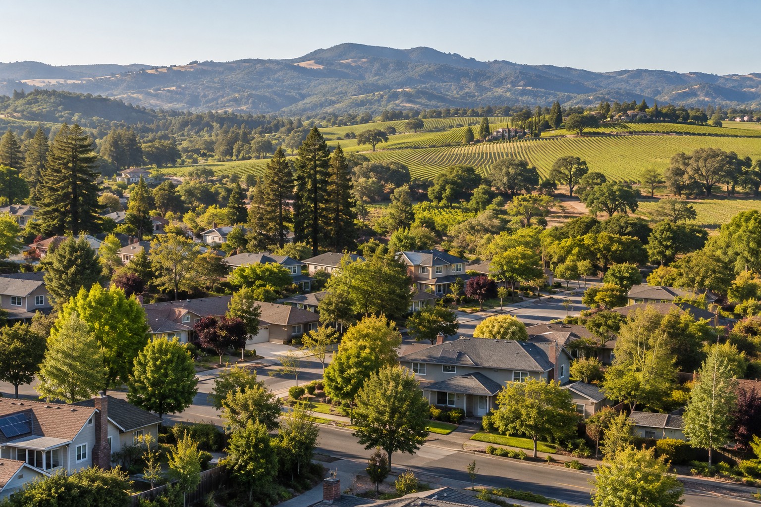 A Sonoma County street at sunset, illustrative